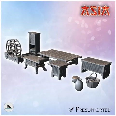 Asian interior furniture set with tables, shelves and basket - Hartolia Miniatures