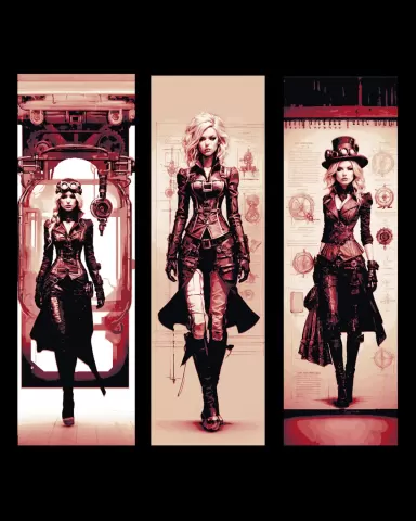 Sketches of Steampunk designs and the dress of the Adventurer - Set of bookmark