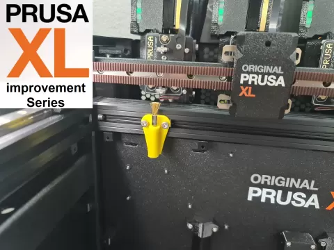 Prusa XL series: Nozzle Scrubber / Brush (UPDATE: included position marker, added 2x redesigned debris bucket)