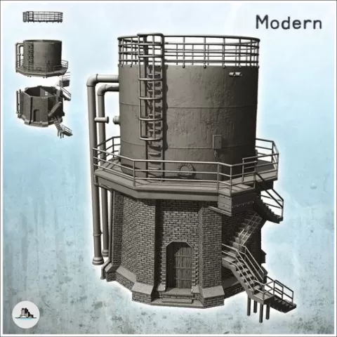 Round metal tank with pipes, access stairs and base platform in bricks (22) - Modern WW2 WW1 World War Diaroma Wargaming RPG Mini Hobby