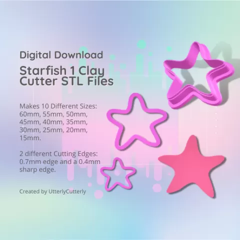 Starfish 1 Clay Cutter - Earring STL Digital File Download- 10 sizes and 2 Earring Cutter Versions, cookie cutter, Summer, Beach, Ocean