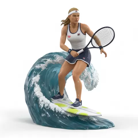 slow motion surfing pose, tennis player, beach tennis, tennis athlete, surfing athlete, wave riding, surf action, ocean surfing, beach sport, sports figurine, tennis figurine, athlete