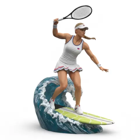 power stance on wave peak, tennis player, beach tennis, tennis athlete, surfing athlete, wave riding, surf action, ocean surfing, beach sport, sports figurine, tennis figurine, athlete