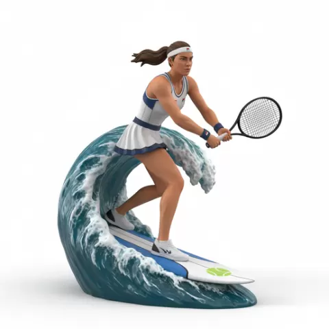 sharp carving surf turn, tennis player, beach tennis, tennis athlete, surfing athlete, wave riding, surf action, ocean surfing, beach sport, sports figurine, tennis figurine, athlete