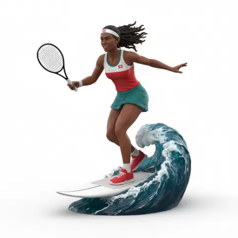 player pointing after “score” on wave, tennis player, beach tennis, tennis athlete, surfing athlete, wave riding, surf action, ocean surfing, beach sport, sports figurine, tennis figurine, athlete