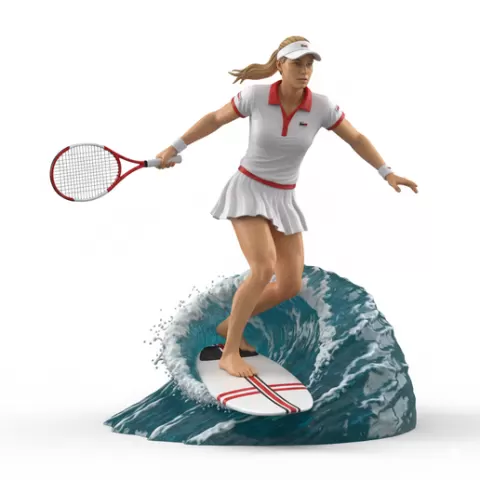 sunset wave version, tennis player, beach tennis, tennis athlete, surfing athlete, wave riding, surf action, ocean surfing, beach sport, sports figurine, tennis figurine, athlete