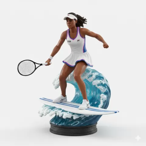 player surfing giant barrel wave, tennis player, beach tennis, tennis athlete, surfing athlete, wave riding, surf action, ocean surfing, beach sport, sports figurine, tennis figurine, athlete