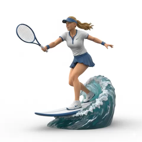 player twisting mid-air above wave, tennis player, beach tennis, tennis athlete, surfing athlete, wave riding, surf action, ocean surfing, beach sport, sports figurine, tennis figurine, athlete