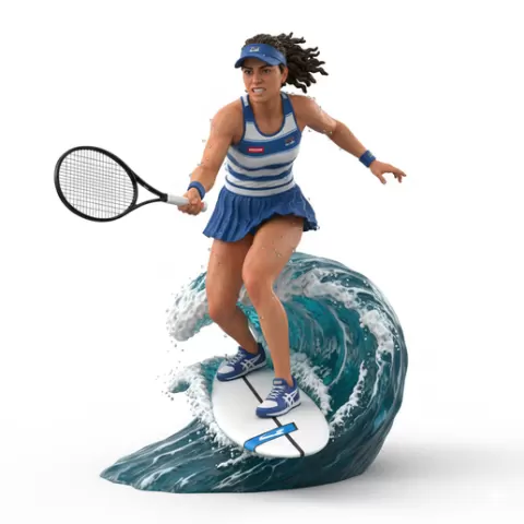 player blocking imaginary ball mid-wave, tennis player, beach tennis, tennis athlete, surfing athlete, wave riding, surf action, ocean surfing, beach sport, sports figurine, tennis figurine, athlete