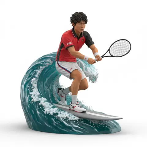 Juantorena explosive stance, tennis player, beach tennis, tennis athlete, surfing athlete, wave riding, surf action, ocean surfing, beach sport, sports figurine, tennis figurine, athlete