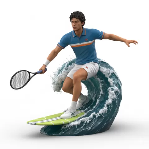 Bruno set position surfing, tennis player, beach tennis, tennis athlete, surfing athlete, wave riding, surf action, ocean surfing, beach sport, sports figurine, tennis figurine, athlete