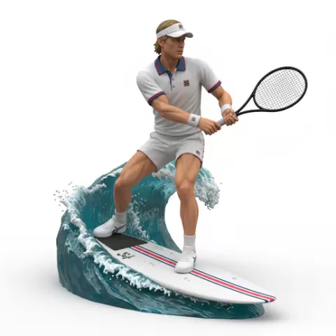 Denis Kaliberda controlled surfing, tennis player, beach tennis, tennis athlete, surfing athlete, wave riding, surf action, ocean surfing, beach sport, sports figurine, tennis figurine, athlete