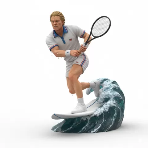 Sergey Tetyukhin composed surfing, tennis player, beach tennis, tennis athlete, surfing athlete, wave riding, surf action, ocean surfing, beach sport, sports figurine, tennis figurine, athlete