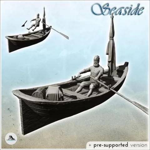 Old pirate rowing in wooden boat with mast (5) - Jungle Blackbeard Island Beach Piracy Caribbean Medieval