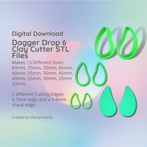 Dagger Drop 6 Clay Cutter - STL Digital File Download- 13 sizes and 2 Cutter Versions Earrings, Pendant, Barrette
