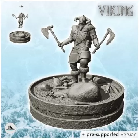 Viking warrior on battlefield with horn helmet and double axes (24) - North Northern Norse Nordic Saga 28mm 20mm 15mm