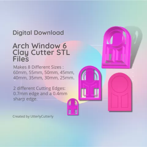 Arch Window 6 Clay Cutter - Fairy Door STL Digital File Download- 8 sizes and 2 Cutter Versions