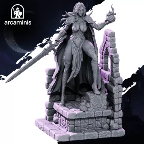 Dark Elf Warlady - 32mm 75mm scale Presupported Miniatures Sexy Female Elf Fantasy Tabletop Wargames Figures 3D File by ArcaMinis