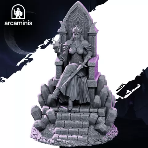 Dark Elf Queen on Throne - 32mm 75mm scale Presupported Miniatures Female Elf Fantasy Tabletop Wargames Figures 3D File by ArcaMinis