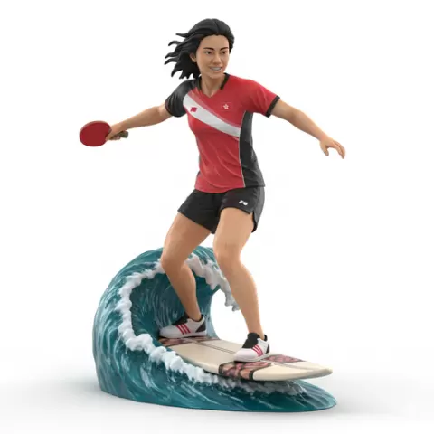 Han Ying defensive crouch, very low center of gravity, table tennis player, ping pong player, table tennis athlete, ping pong athlete, racket sport, paddle sport, surfing athlete, wave riding, surf action, ocean surfing