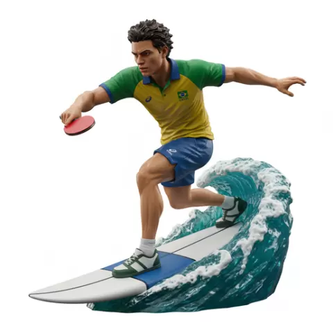 Fan Zhendong leaning forward aggressively as if chasing a fast rally, table tennis player, ping pong player, table tennis athlete, ping pong athlete, racket sport, paddle sport, surfing athlete, wave riding, surf action, ocean surfing