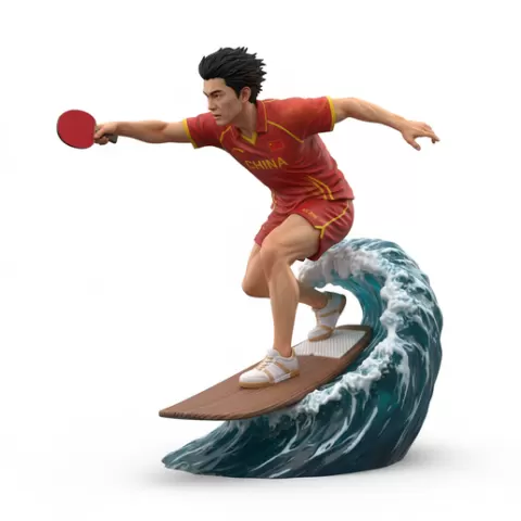 Han Ying defensive pose, table tennis player, ping pong player, table tennis athlete, ping pong athlete, racket sport, paddle sport, surfing athlete, wave riding, surf action, ocean surfing