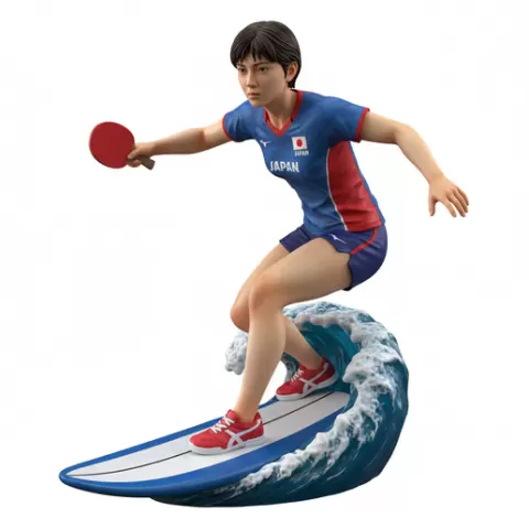 Chen Meng composed surfing, table tennis player, ping pong player, table tennis athlete, ping pong athlete, racket sport, paddle sport, surfing athlete, wave riding, surf action, ocean surfing