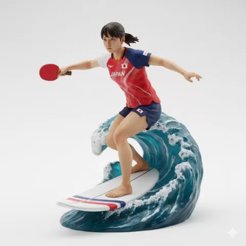 Sun Yingsha attack stance, table tennis player, ping pong player, table tennis athlete, ping pong athlete, racket sport, paddle sport, surfing athlete, wave riding, surf action, ocean surfing