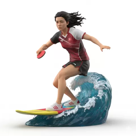 Yu Mengyu smooth surfing, table tennis player, ping pong player, table tennis athlete, ping pong athlete, racket sport, paddle sport, surfing athlete, wave riding, surf action, ocean surfing