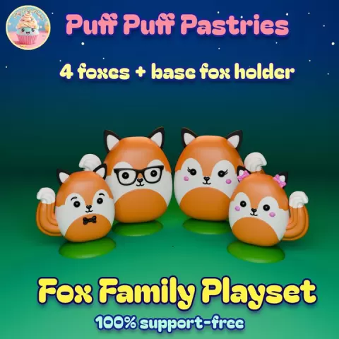 Fox Family Playset Print-in-place Cute Toys Kawaii by Puff Puff Pastries