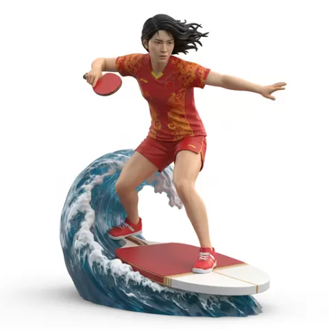 Chen Meng controlled surfing, table tennis player, ping pong player, table tennis athlete, ping pong athlete, racket sport, paddle sport, surfing athlete, wave riding, surf action, ocean surfing