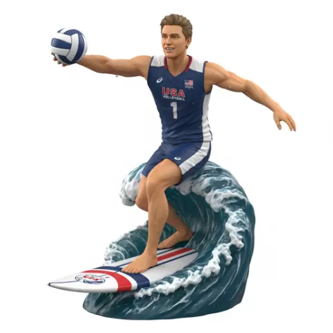 ultimate champion pose on wave, volleyball player, beach volleyball, volleyball athlete, surfing athlete, wave riding, surf action, ocean surfing, beach sport, sports figurine, volleyball figurine, athlete