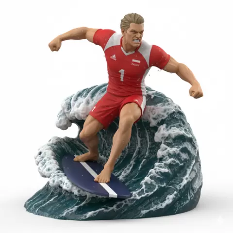 big splash dynamic wave, volleyball player, beach volleyball, volleyball athlete, surfing athlete, wave riding, surf action, ocean surfing, beach sport, sports figurine, volleyball figurine, athlete