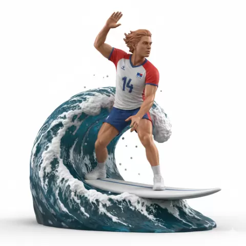 wave curling around player, volleyball player, beach volleyball, volleyball athlete, surfing athlete, wave riding, surf action, ocean surfing, beach sport, sports figurine, volleyball figurine, athlete