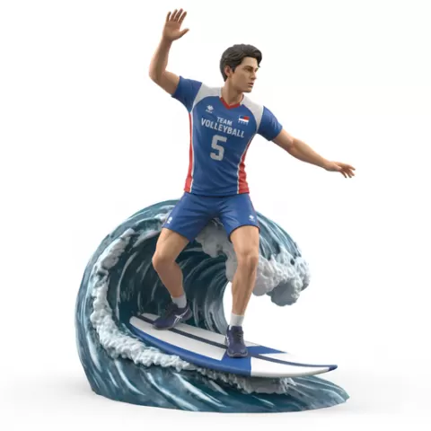 player celebrating on surfboard, volleyball player, beach volleyball, volleyball athlete, surfing athlete, wave riding, surf action, ocean surfing, beach sport, sports figurine, volleyball figurine, athlete