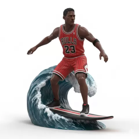 Michael Jordan iconic air pose on wave, football, soccer, player, athlete, sport, surfing, wave, surf, ocean, beach, action, dynamic, pose, figurine, model, stl, printable, collectible, realistic, statue