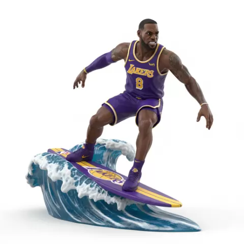 LeBron James surfing in Lakers kit (dunk pose on wave), football, soccer, player, athlete, sport, surfing, wave, surf, ocean, beach, action, dynamic, pose, figurine, model, stl, printable, collectible, realistic, statue