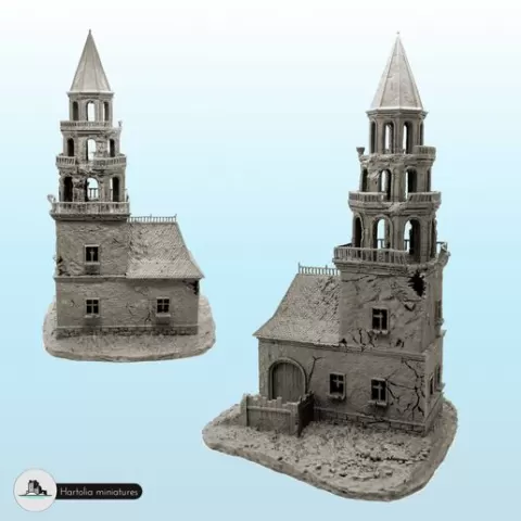 Ruined bell tower with house 13 - Flames of war Bolt Action WW2 Modern Warhammer
