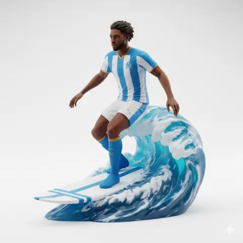 Pierre-Emerick Aubameyang surfing in Marseille kit, football, soccer, player, athlete, sport, surfing, wave, surf, ocean, beach, action, dynamic, pose, figurine, model, stl, printable, collectible, realistic, statue