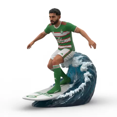 Riyad Mahrez surfing in Al Ahli kit, football, soccer, player, athlete, sport, surfing, wave, surf, ocean, beach, action, dynamic, pose, figurine, model, stl, printable, collectible, realistic, statue
