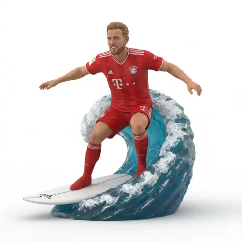 Harry Kane surfing in Bayern Munich kit, football, soccer, player, athlete, sport, surfing, wave, surf, ocean, beach, action, dynamic, pose, figurine, model, stl, printable, collectible, realistic, statue