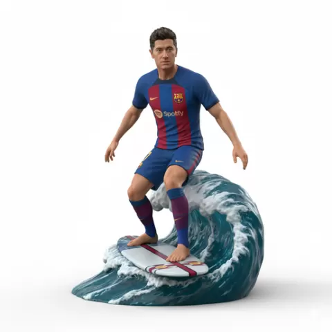 Robert Lewandowski surfing in Barcelona kit, football, soccer, player, athlete, sport, surfing, wave, surf, ocean, beach, action, dynamic, pose, figurine, model, stl, printable, collectible, realistic, statue