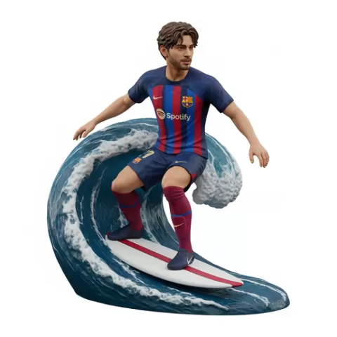 Gavi surfing in Barcelona kit, football, soccer, player, athlete, sport, surfing, wave, surf, ocean, beach, action, dynamic, pose, figurine, model, stl, printable, collectible, realistic, statue