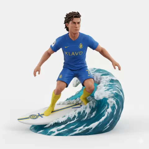 Cristiano Ronaldo surfing in Al Nassr kit, football, soccer, player, athlete, sport, surfing, wave, surf, ocean, beach, action, dynamic, pose, figurine, model, stl, printable, collectible, realistic, statue