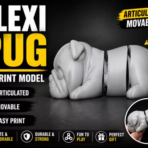 Flexi Pug STL, Articulated Dog 3D Print, Cute Pug Model, Movable Dog Toy, Print in Place Animal