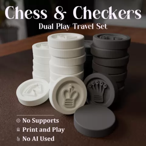 Minimalist Chess & Checkers Dual-Play Pieces Travel Set (Print-and-Play, No Supports)
