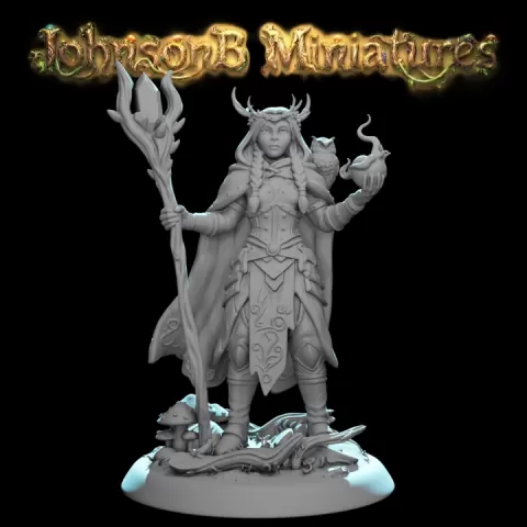 Dnd Druid Miniature STL – Nature Spellcaster with Staff & Owl Familiar – Fantasy RPG Tabletop 32-75mm by Florian Bodenon