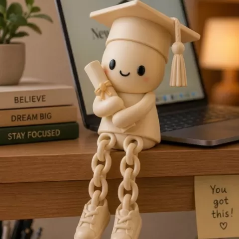 Cute Graduation Figure Holding Diploma STL – Kawaii Graduate with Chain Legs Sitting Decor