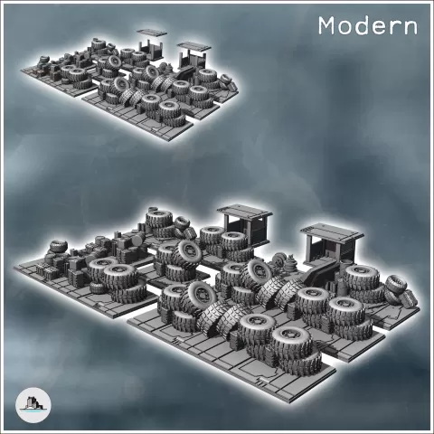 Set of tire barricades with crates and two sheltered shacks - Hartolia Miniatures