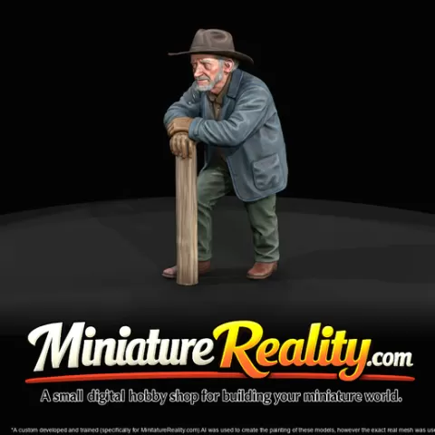 miniature model of an elderly male civilian leaning on a wooden post - HO 1:87 Master STL (print at any scale)